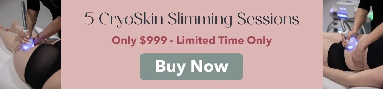 Promotional banner for CryoSkin slimming sessions, featuring a treatment in progress and a "Buy Now" button.